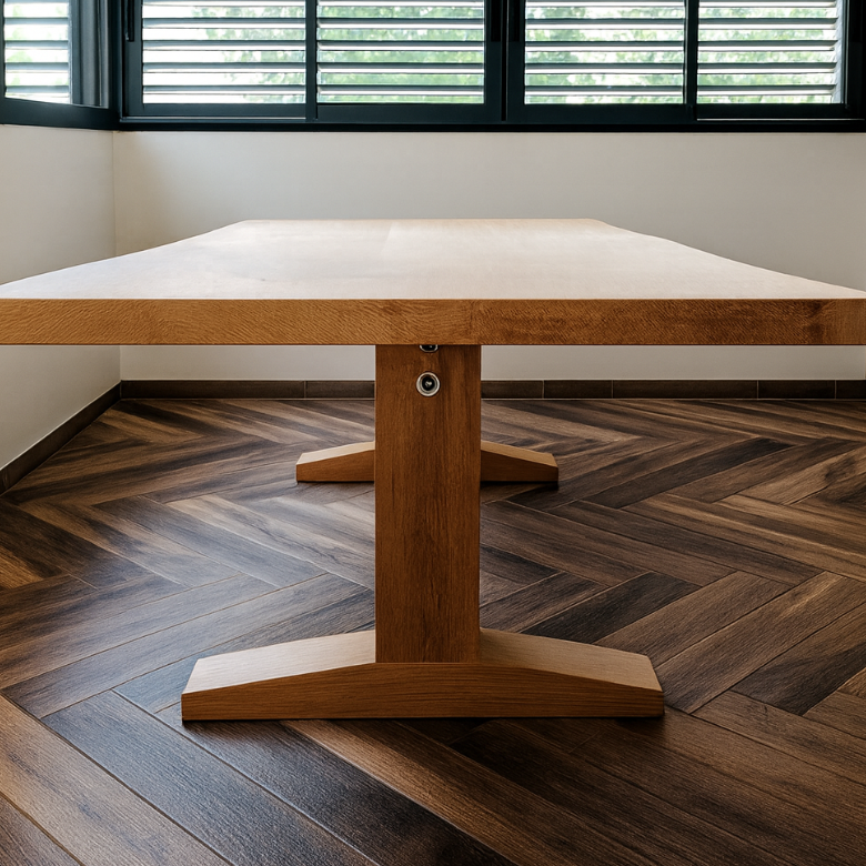 Table à manger en chêne massif, au design fonctionnel et chaleureux. Le plateau rectangulaire repose sur un double piétement central en T, relié par une traverse métallique discrète. Le bois présente une teinte miel et un veinage subtil, s’accordant harmonieusement avec le sol en parquet à chevrons foncé. L’ensemble crée une atmosphère élégante et naturelle.