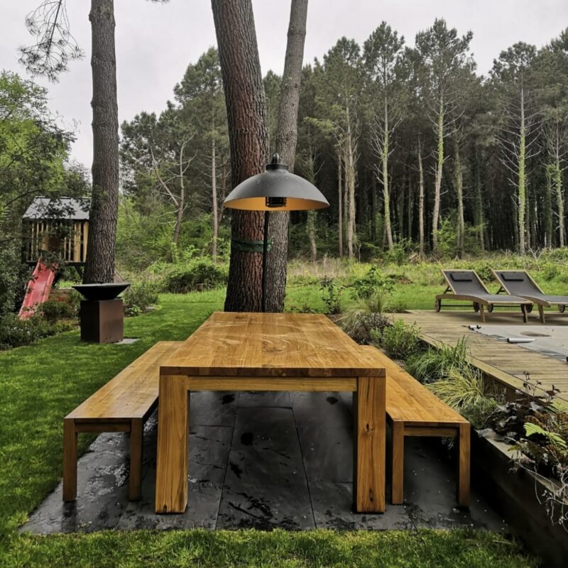 Cette table et bancs d'extérieur en bois massif