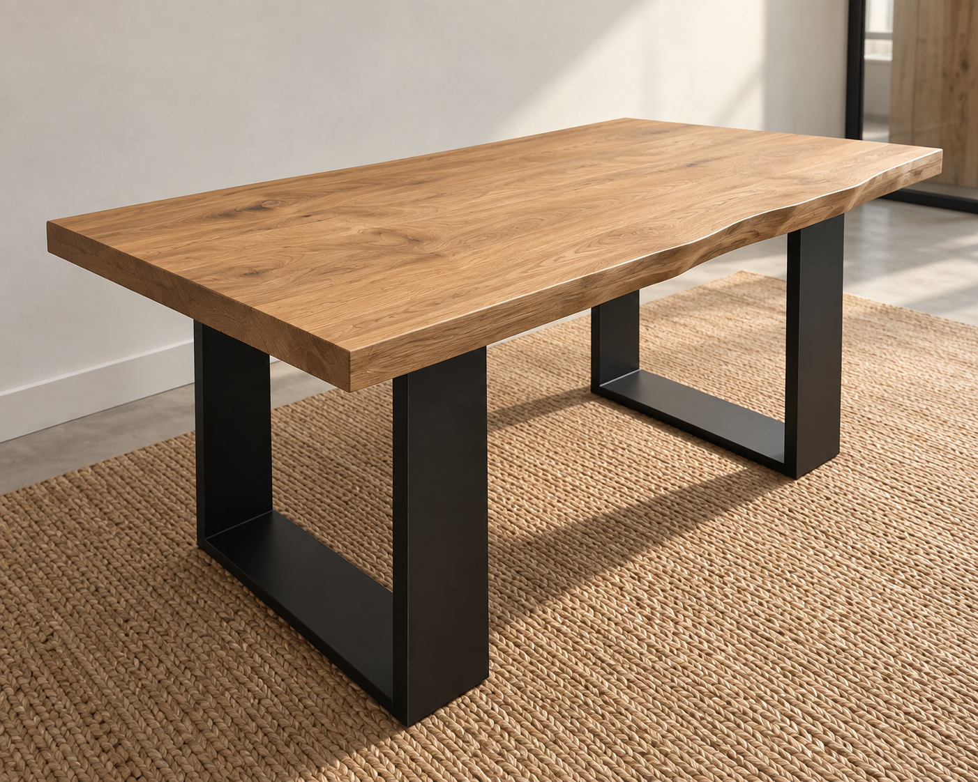 deux pieds de table en U fers plats et un plateau en chêne massif créent cette table basse