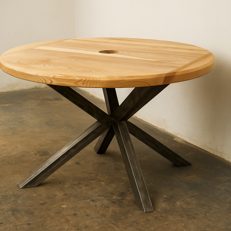 Table ronde au design contemporain, dotée d’un plateau en frêne massif clair avec une ouverture centrale. Elle repose sur un piétement en métal noir formé de quatre pieds croisés en X, apportant stabilité et élégance. Le contraste entre la douceur du bois et la structure métallique crée une pièce harmonieuse et raffinée, mise en valeur dans un décor minimaliste.