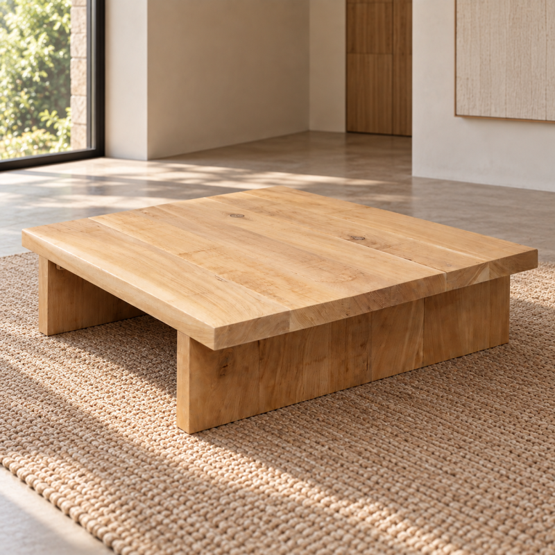 Table basse en chêne rustique, au design massif et authentique. Le plateau épais met en valeur le veinage naturel du bois, tandis que les pieds inclinés apportent stabilité et caractère. L’ensemble, posé sur un sol brut, dégage une impression de solidité et de chaleur, typique du mobilier artisanal en bois massif.