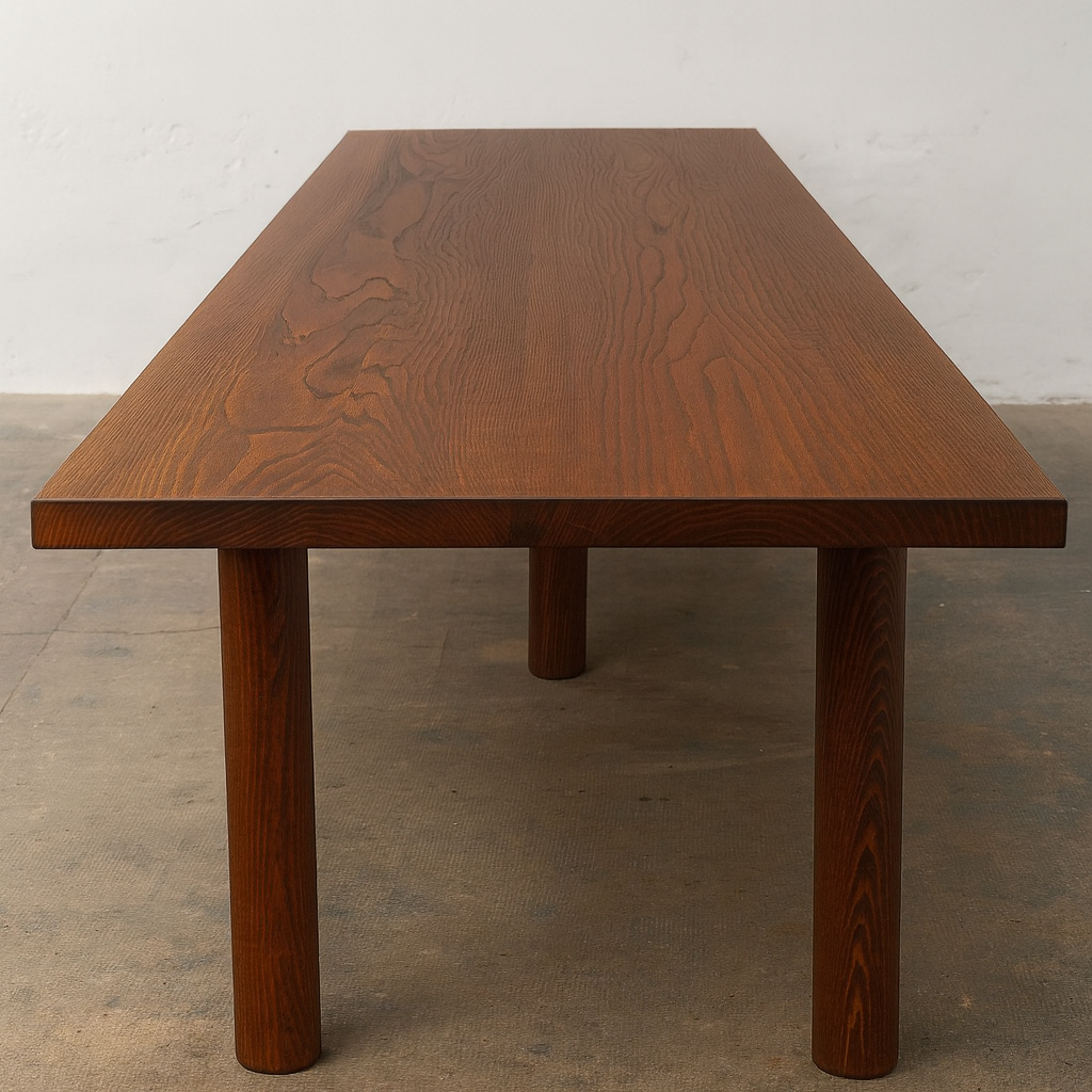 Table à manger en frêne massif teinté foncé, au design sobre et élégant. Le plateau rectangulaire présente un veinage marqué qui souligne la richesse naturelle du bois. Il repose sur quatre pieds cylindriques assortis, conférant à l’ensemble une allure équilibrée et contemporaine. Le rendu met en valeur la profondeur de la teinte et la finesse du travail du bois.
