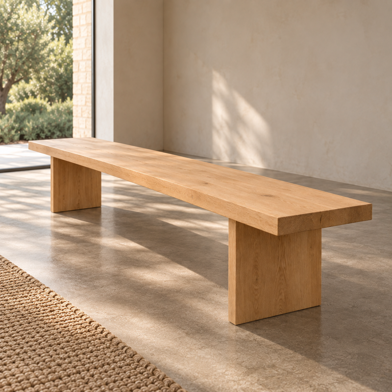 banc en chêne massif de 300 cm de long, 40 cm de large et 45 cm de haut. Les piétementss sont de la même largeur et meme épaisseur que l'assise