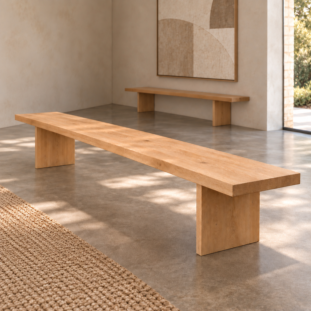 banc en chêne massif de 300 cm de long, 40 cm de large et 45 cm de haut. Les piétementss sont de la même largeur et meme épaisseur que l'assise
