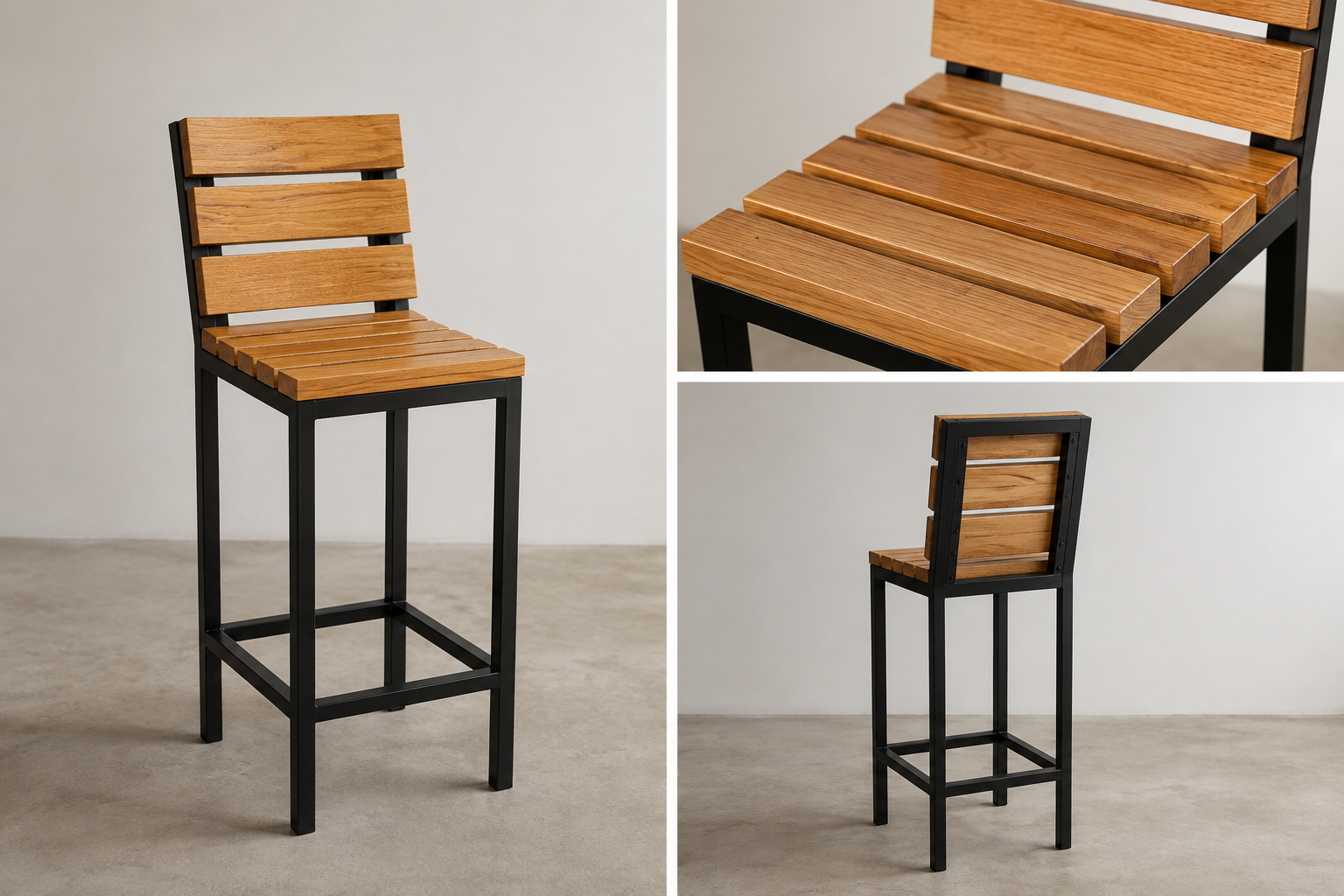 tabouret haut sur structure métalique noir tubulaire en 3 x 3 cm. Assise et dossier en lames séparées de chêne massif